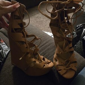 Breckelles Lace-Up Tan Wedges